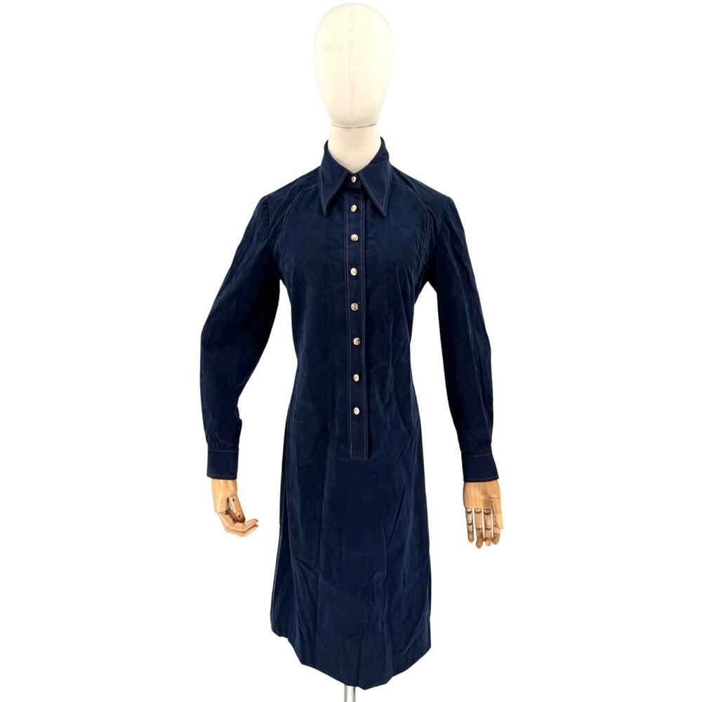 Vintage 70s Lord & Taylor Navy Blue Velour Western Shirt Dress